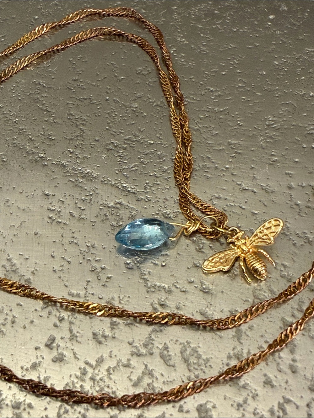 Gold Bee Charm Necklace with Blue Crystal Accent